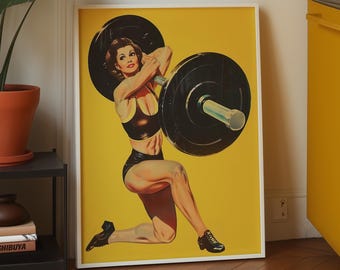 Pôster de treino retrô para academia com mulher forte e decoração fitness (Download digital)