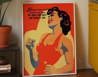 Pôster retrô de academia com mulher forte em estilo pin-up, estampa para levantamento de peso, presente fitness (download digital)