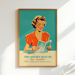 Impression amusante, cuisine du milieu du siècle, décor de l'âge atomique, art rétro de femme au foyer (téléchargement numérique)