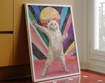 Disco Ball Poster Funny Cat Print Maximalist Wall Art Girly Room Decor (Digital Download)