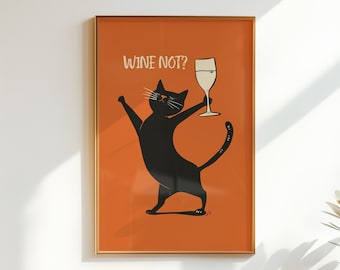 Funny Cat Print Vintage Wine Not Poster Minimalist Terracotta Kitchen Wall Art  (Digital Download) ghjh