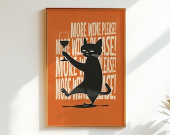 More Wine Please Funny Cat Print Bar Cart Decor Bold Typography Poster (Digital Download)