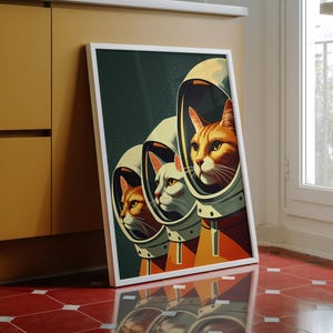 Retro Space Cats Astronaut Wall Art SciFi Poster Vintage Style Cosmic Print (Digital Download)