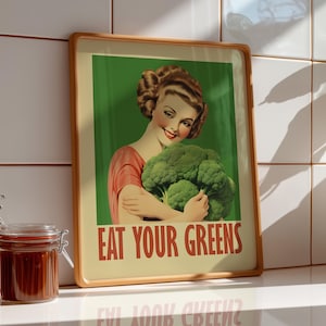 Eat Your Greens Poster Brokkoli Druck Gemüse Kunst Spaß Küche Kunst Digital Download