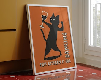 This Kitchen Is For Dancing Wine Cat Print Bar Cart Decor (Digital Download)