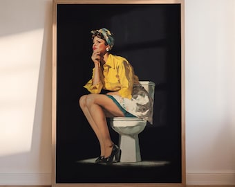 Funny Bathroom Art Toilet Humor Print Lady Poster for Restroom Wall Decor (Digital Download)
