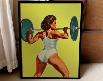 Retro Gym Girl Print for Workout Room Decor Lemon Fitness Exercise Poster (Digital Print)