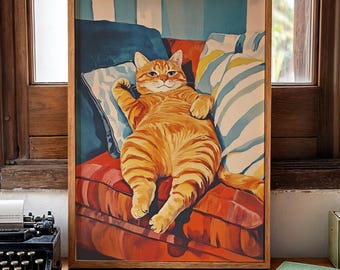 Funny Fat Cat Illustration: Retro Orange Tabby Maximalist Dopamine Decor Poster (Digital Download)