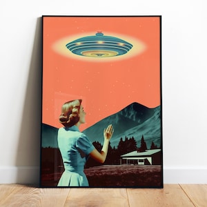 UFO Abduction Art Alien Art Print UFO Wall Decor Vintage Sci fi Poster Retro Scifi Art Print Instant Download 50s Wall Art Flying Saucer Art