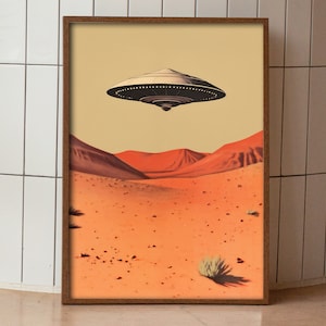 Retro Ufo Poster Alien Wall Art UFO Retro Print Hovering Ufo Flying Saucer Print Ufo over the Desert Art 1950s Ufo Art Alien Aesthetic Art