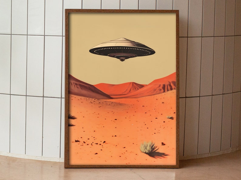Retro Ufo Poster Alien Wall Art UFO Retro Print Hovering Ufo Flying Saucer Print Ufo over the Desert Art 1950s Ufo Art Alien Aesthetic Art