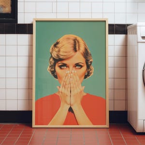 digital illustration of a retro 1950s style woman with blonde hair and blue eyes, wearing a vibrant red top against a teal background. She is holding her hands over her nose with a humorous, shocked expression, perfect for funny bathroom wall decor.