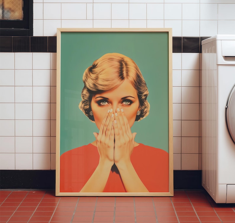 digital illustration of a retro 1950s style woman with blonde hair and blue eyes, wearing a vibrant red top against a teal background. She is holding her hands over her nose with a humorous, shocked expression, perfect for funny bathroom wall decor.