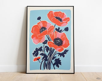 Poppy Wall Art Poppy Print Download Red Poppy Poster Countryside Floral Retro Print Colorful Retro Print Flower Art Poppies Botanical Art
