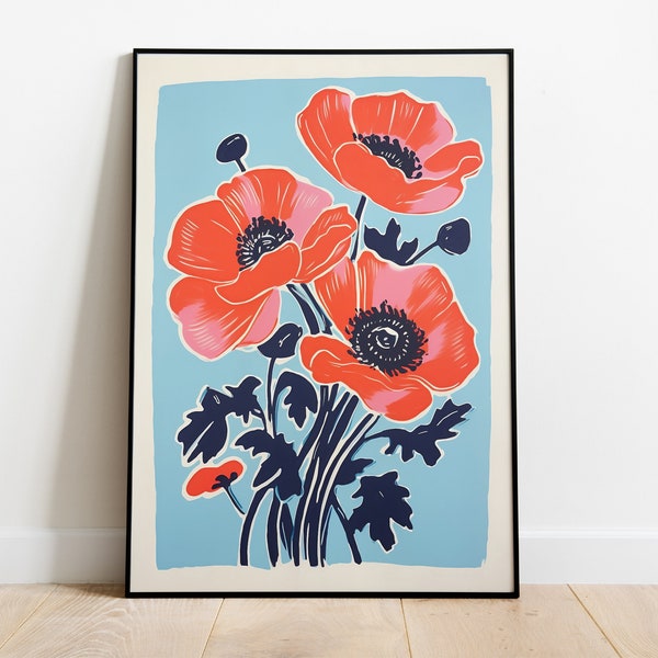 Poppy Wall Art Poppy Print Download Red Poppy Poster Countryside Floral Retro Print Colorful Retro Print Flower Art Poppies Botanical Art