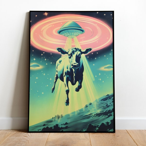 Affiche OVNI rétro drôle Art d'enlèvement d'OVNI Vache drôle impression impression d'art extraterrestre impression de style années 50 impression cadeau d'art OVNI vintage téléchargement OVNI art mural extraterrestre