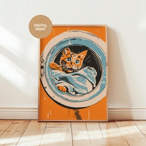 Midcentury modern illustration of a ginger cat inside a washing machine on an orange background, Utility Room or laundry room decor, laundry day poster, funny cat art, housewarming gift, mom gift idea.