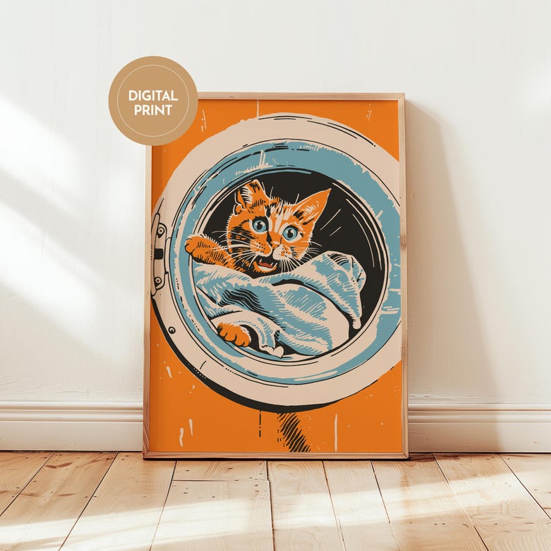Midcentury modern illustration of a ginger cat inside a washing machine on an orange background, Utility Room or laundry room decor, laundry day poster, funny cat art, housewarming gift, mom gift idea.