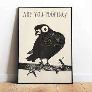 Affiche drôle de salle de bain, impression d&#39;art pigeon, imprimable au-dessus des toilettes, impressions amusantes, art mural, salle de bain, oiseau noir, impression numérique rétro, faites-vous caca