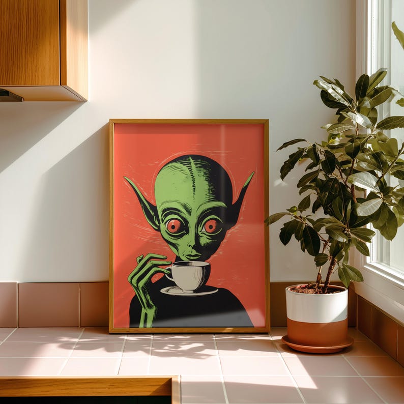 Retro Alien Coffee Art Print: Funny Sci-fi Kitchen Decor (digital ...