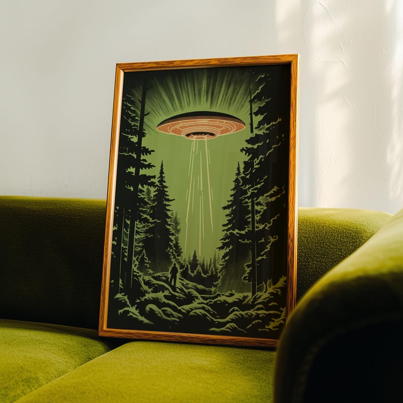 Midcentury Modern style Ufo in the forest print, retro sci-fi poster for nostalgic apartment decor.
