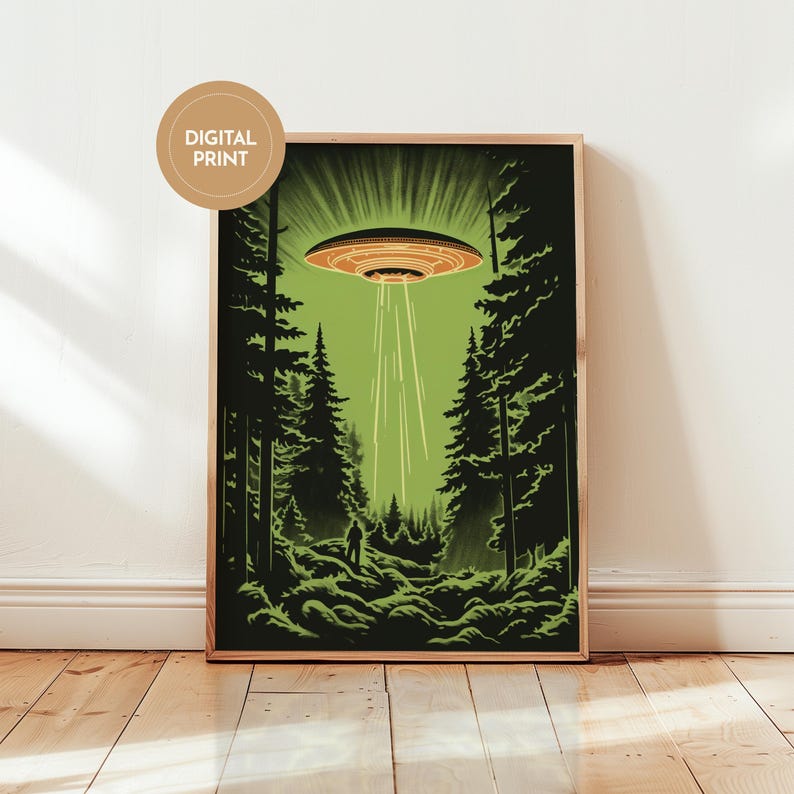 Midcentury Modern style Ufo in the forest print, retro sci-fi poster for nostalgic apartment decor.