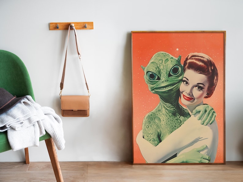 Aliens Wall Art Printable Alein Love Art Vintage Sci Fi Poster Alien Art Print Weird Print Retro Funny Poster Maximalist Wall Art Digital