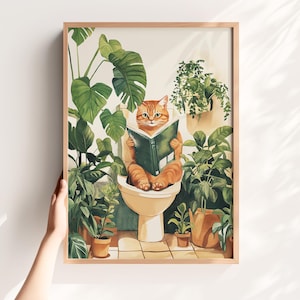 Funny Bathroom Art Printable Cat on Toilet Poster Print Digital Watercolor Orange Cat Reading Book Art WC Room Decor Green Bathroom Print