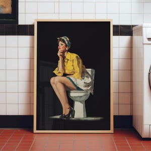 Funny retro style black and yellow toilet wall art with a retro pin-up lady sitting on a toilet, designed as funny bathroom art for restroom wall decor.