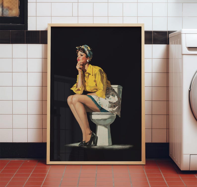 Funny retro style black and yellow toilet wall art with a retro pin-up lady sitting on a toilet, designed as funny bathroom art for restroom wall decor.