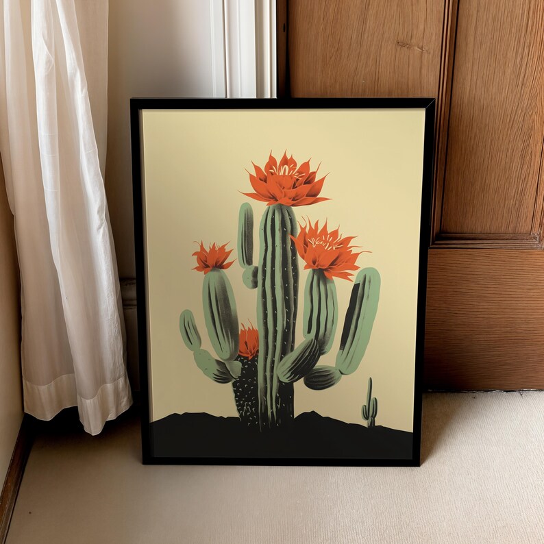 Saguaro art cactus print showing a blooming cactus with bright flowers, arizona art print in southwest wall art style, nature poster for desert decor art and succulent wall art.