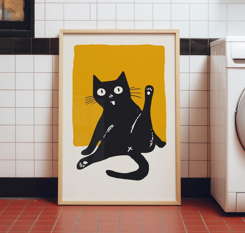 Funny Cat Print Bathroom Decor Minimal Bright Toilet Wall Art Black ...