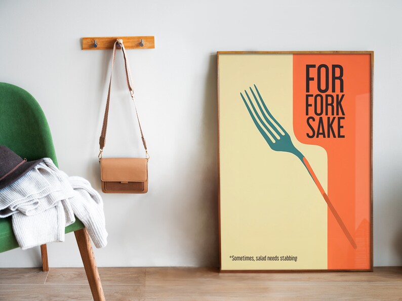 For Fork Sake Art Retro Kitchen Print Kitchen Wall Art Food Prints Cafe Art Hostess Gift Minimalistic Kitchen Art Funny Poster Fork Print