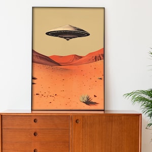 Retro Ufo Poster Alien Wall Art UFO Retro Print Hovering Ufo Flying Saucer Print Ufo over the Desert Art 1950s Ufo Art Alien Aesthetic Art
