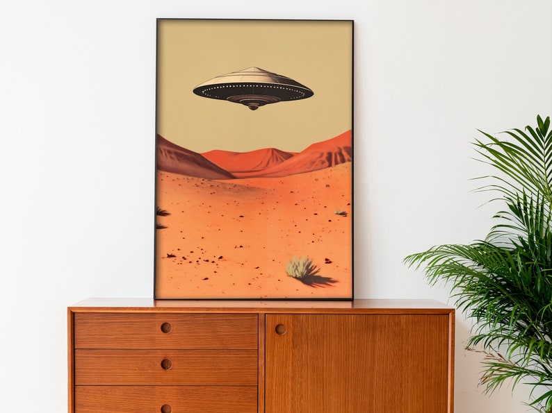 Retro Ufo Poster Alien Wall Art UFO Retro Print Hovering Ufo Flying Saucer Print Ufo over the Desert Art 1950s Ufo Art Alien Aesthetic Art