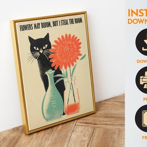 Black Cat Digital Print Funny Cat Poster Cute Kitten Illustration Cat Lover Gift Funny Wall Art Minimalistic Cat Poster 50s Silly Prints image 2