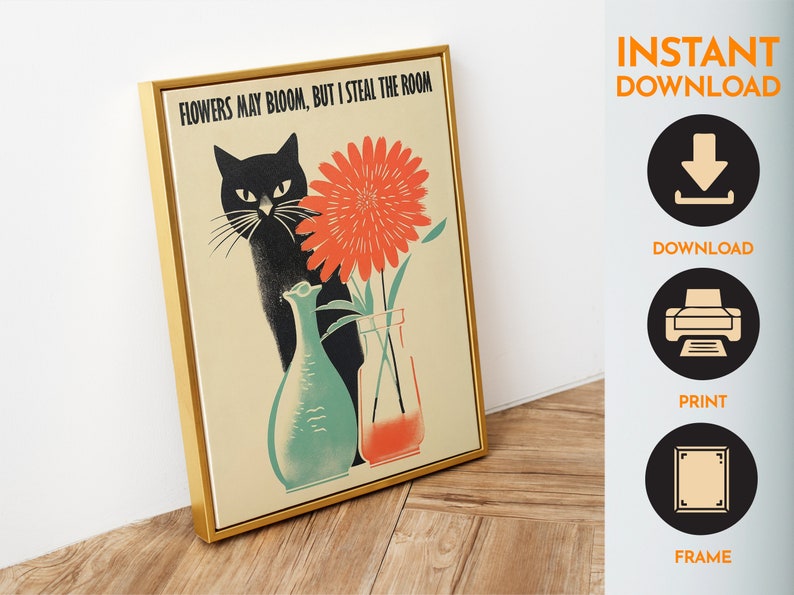 Black Cat Digital Print Funny Cat Poster Cute Kitten Illustration Cat Lover Gift Funny Wall Art Minimalistic Cat Poster 50s Silly Prints image 2