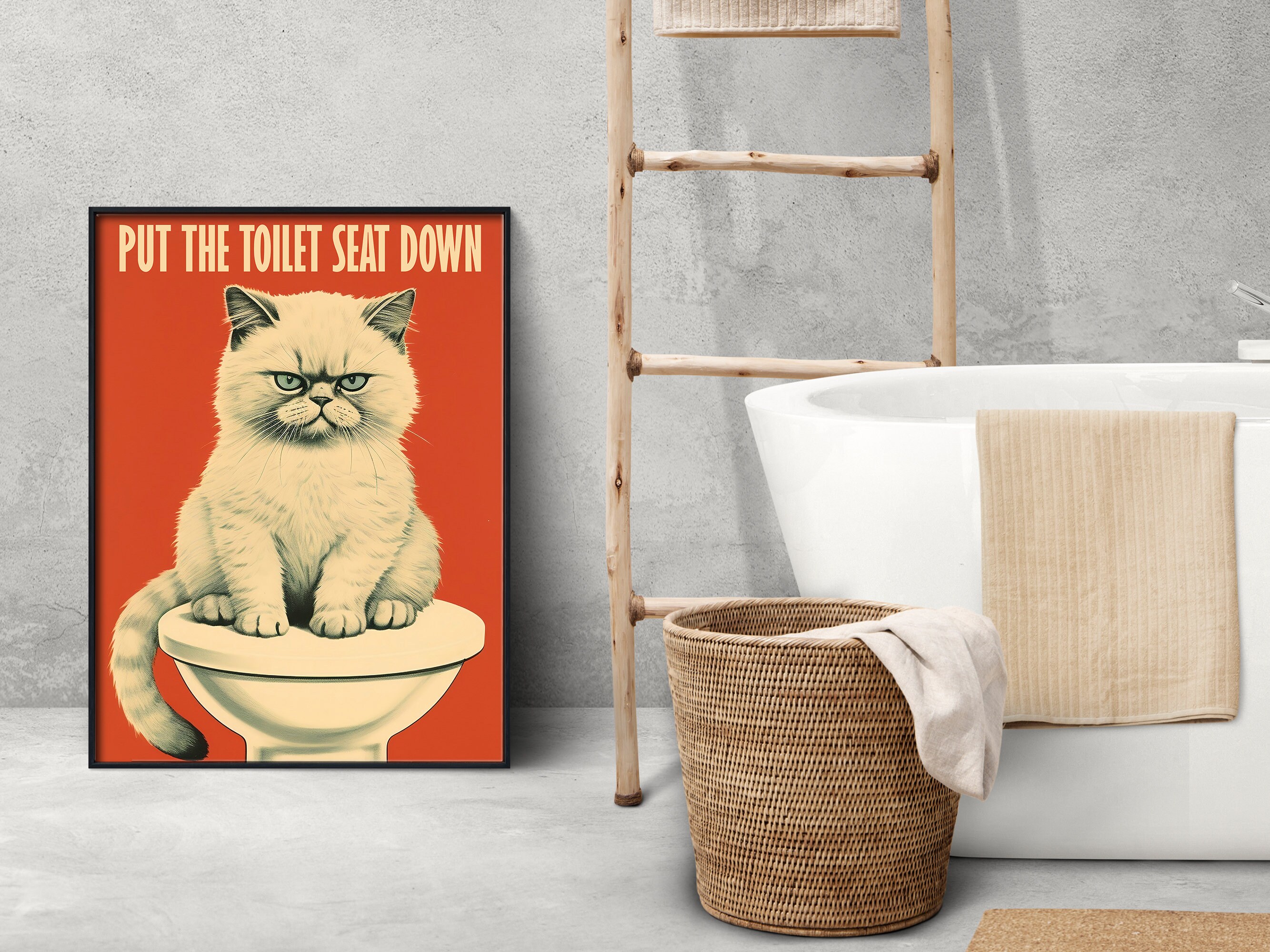 Funny Bathroom Print Bathroom Wall Art 50s Style Poster Funny Cat ...