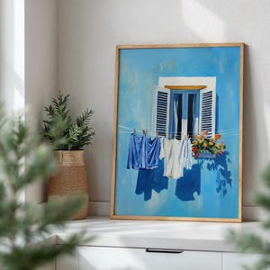 Blue Laundry Art Digital Print Utility Room Art Colourful Italy Art Farmhouse Wash Art Wash Room Decor Clotheline Art Hanging Laundry Print