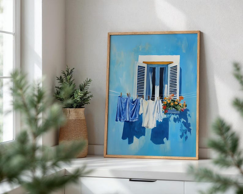 Blue Laundry Art Digital Print Utility Room Art Colourful Italy Art Farmhouse Wash Art Wash Room Decor Clotheline Art Hanging Laundry Print