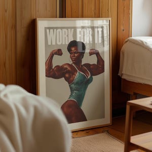 Midcentury Modern Style Gym art print depicting a strong black woman and a motivation quote "Work for it", perfect workout room decor for women.
