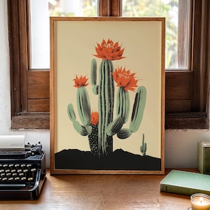 Saguaro art cactus print showing a blooming cactus with bright flowers, arizona art print in southwest wall art style, nature poster for desert decor art and succulent wall art.