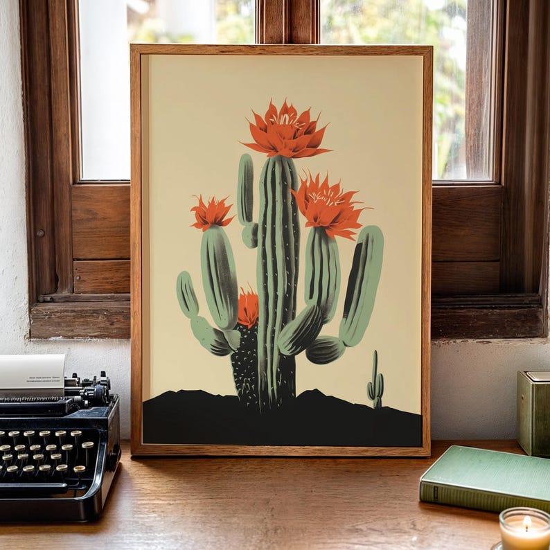 Saguaro art cactus print showing a blooming cactus with bright flowers, arizona art print in southwest wall art style, nature poster for desert decor art and succulent wall art.