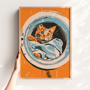 Laundry Wall Art Midcentury Modern Funny Cat in Washer Printable Utility Room Sign