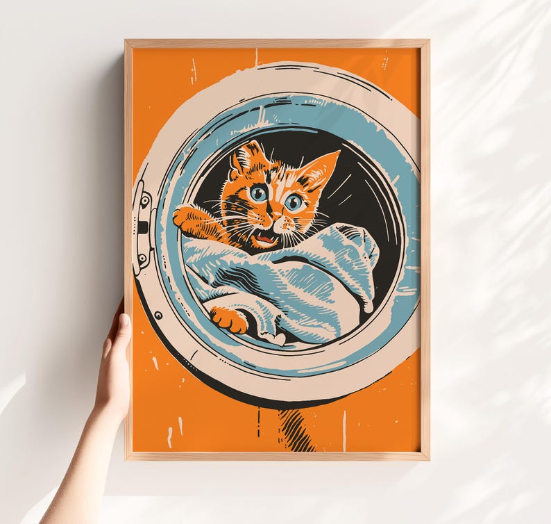 Midcentury modern illustration of a ginger cat inside a washing machine on an orange background, Utility Room or laundry room decor, laundry day poster, funny cat art, housewarming gift, mom gift idea.