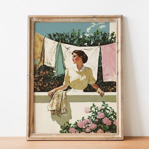 Retro Laundry Day Wall Art – Vintage 50s Housewife Poster, Mid-Century Clothesline Print, Feminine Floral Home Decor, Printable Artwork