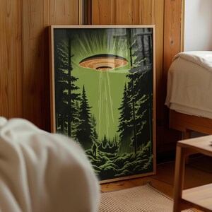 Midcentury Modern style Ufo in the forest print, retro sci-fi poster for nostalgic apartment decor.