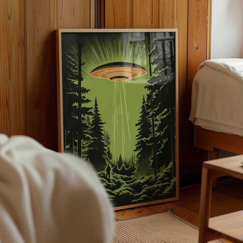 Midcentury Modern style Ufo in the forest print, retro sci-fi poster for nostalgic apartment decor.