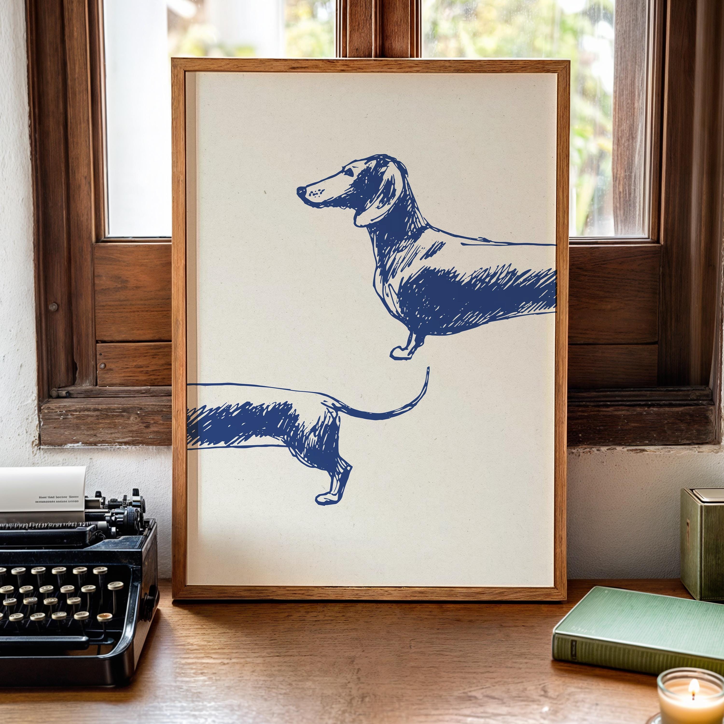 Blue Ink Line Hand Drawn Poster: Blue Ink Line Drawing Dog Dachshund Decor Scandi ...