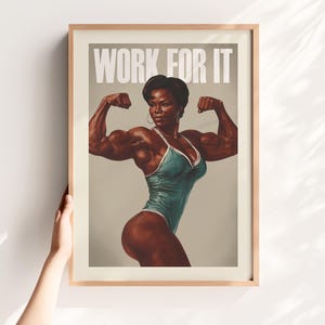 Work For It Poster – Strong Woman Gym Wall Art, Fitness Motivation Print, Bodybuilding Wall Decor, Digital Print Download